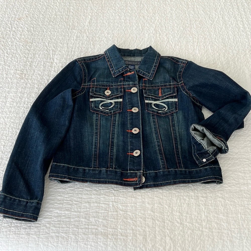 Gorgeous women’s denim jacket. Size L. Orange and white details. Like new!